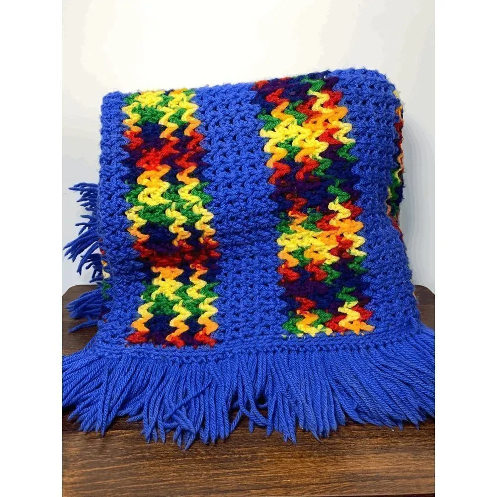 Handcrafted Fringe Woven Rug Blanket Blue Yellow Hues 54x58''